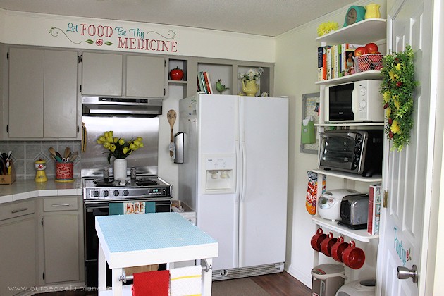 See the final reveal of our outdated kitchen transformation, completed with a minimum of cash. It's now a fun, inspiring place to be. Before & after photos!