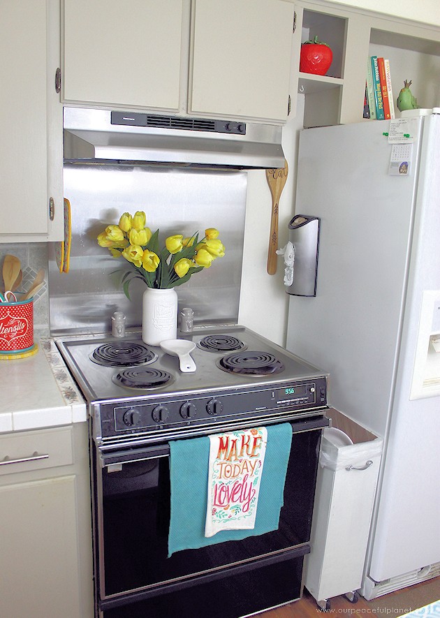 See the final reveal of our outdated kitchen transformation, completed with a minimum of cash. It's now a fun, inspiring place to be. Before & after photos!