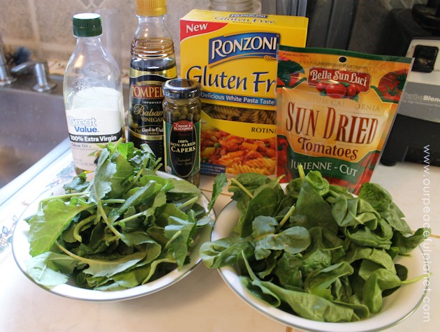 Even if your not a salad eater you will like this arugula, spinach, sun dried tomatoes and capers healthy pasta salad. It's quick to make a very filling!