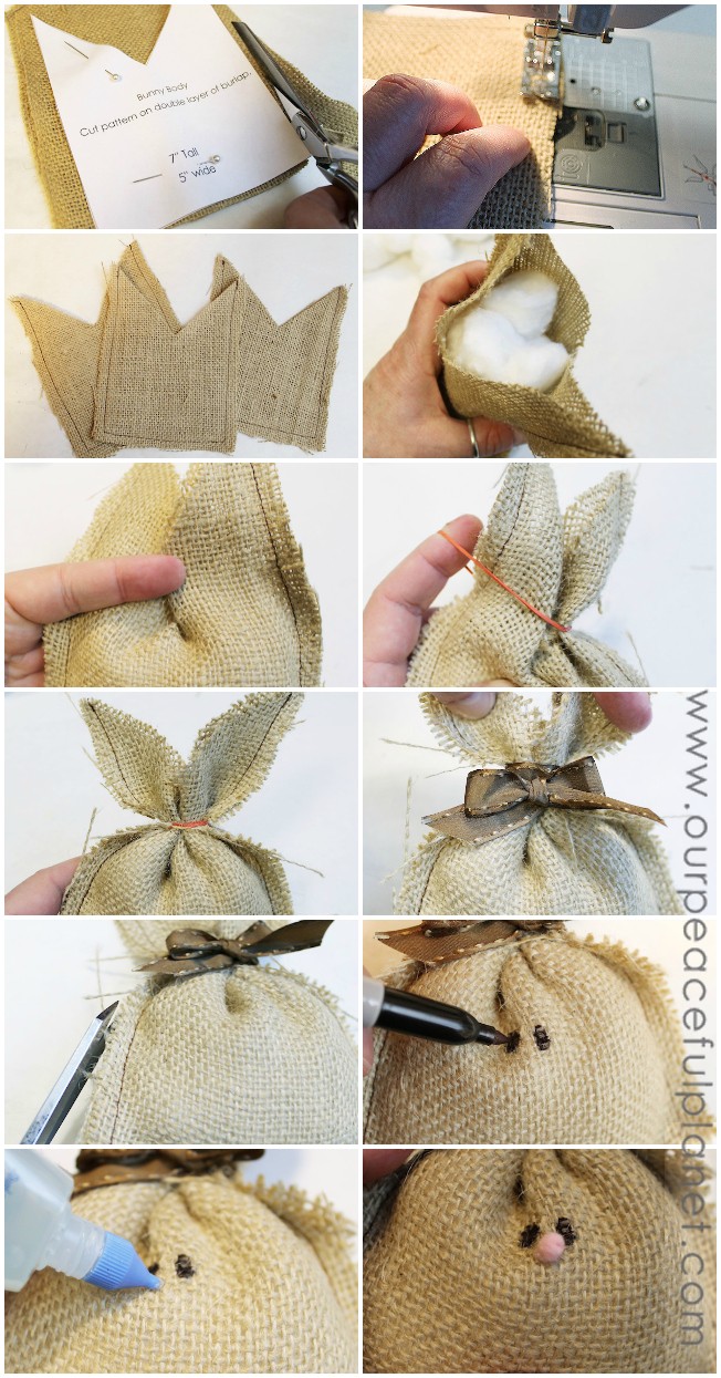 These darling burlap bunnies are not just for Easter! They would make a wonderful addition to any floral arrangement or centerpiece or with a few drops of essential oil added to the stuffing they would also make great air or drawer fresheners! They’re SO easy and inexpensive to make. Plus they would be lovely gifts!