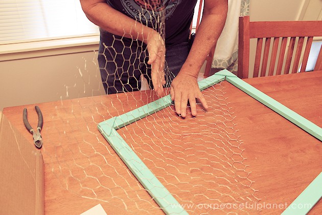 A country chicken wire frame memo board that will brighten up your kitchen with its pretty pinecone succulents. It holds useful items plus photos & quotes!
