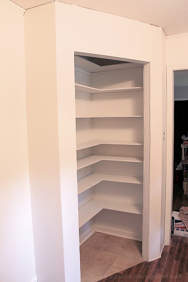 Add space and convenience to your small kitchen with this simple DIY pantry! It has floor to ceiling shelves, a door and it fits perfectly into a corner.