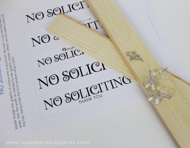 Make these small eye catching wood no soliciting signs that easily hang on windows or doors. A 1.5" wood slat and our free printables will get you started!