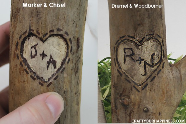 If you're looking for a unique gift idea for couples this darling carved sweetheart branch is perfect and inexpensive. You can make it with a couple of carving tools, which are cheap, and a marker. Or if you happen to own a rotary or Dremel tool and/or a wood burner, you can use those. We show both ways of making it.