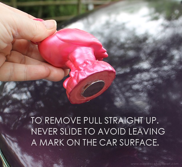 If you like girly car accessories you're gonna love these removable DIY hood ornaments made from small toys & other light weight objects. Make a whole set!