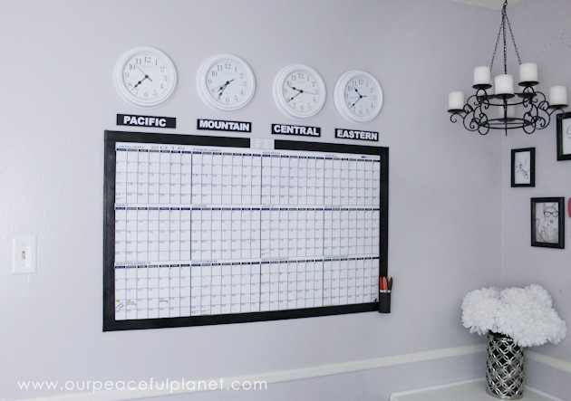 A whiteboard calendar can be a wonderful asset for a business or family scheduling. Learn how to make your own with time zone clocks above it!