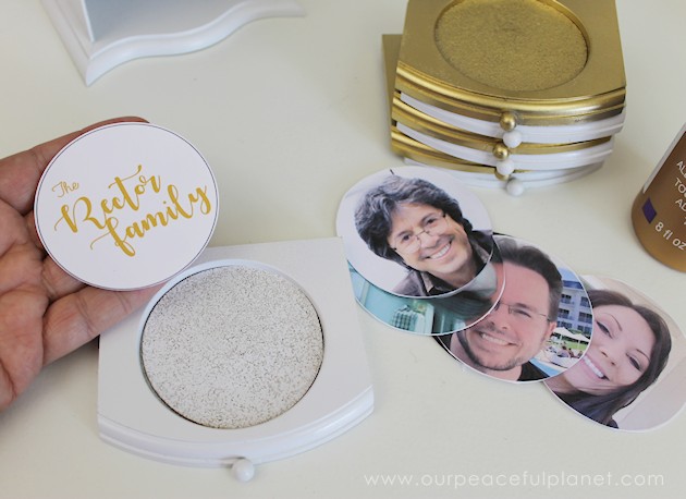 These retro coaster sets found in many thrift stores make a beautiful photo upcycling project with some paint glue and personal pictures!