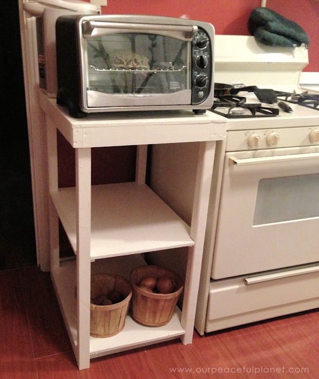 A small kitchen island can be made from things you already have or even rough lumber. Some paint and contact paper and you've got the extra space you need!