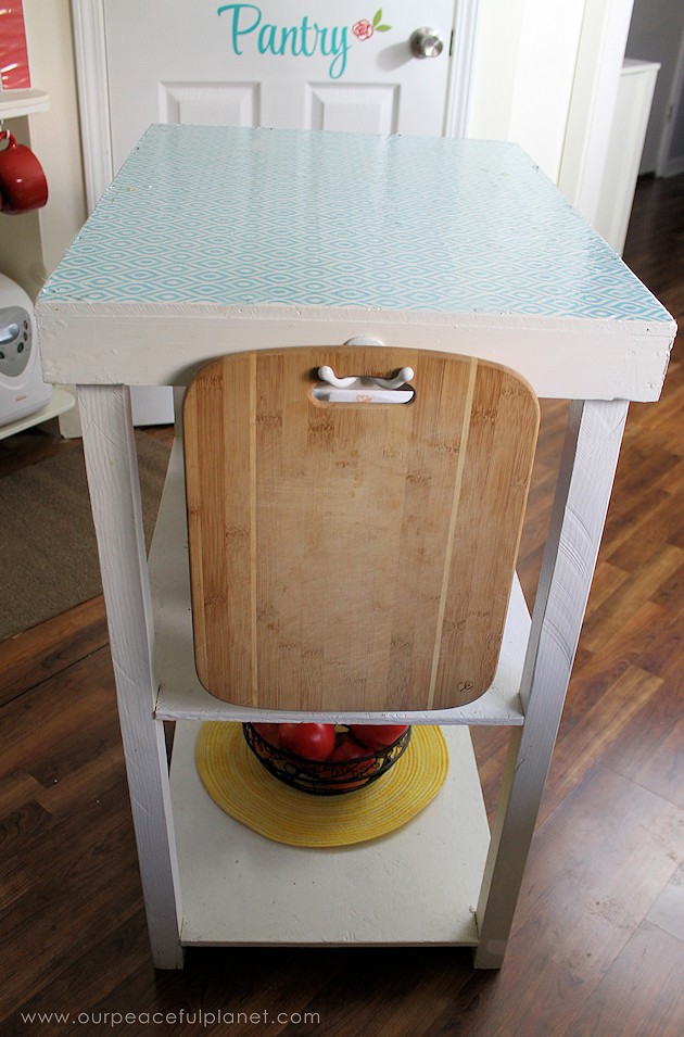 A small kitchen island can be made from things you already have or even rough lumber. Some paint and contact paper and you've got the extra space you need!
