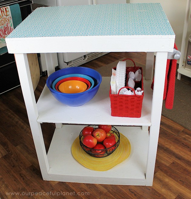 A small kitchen island can be made from things you already have or even rough lumber. Some paint and contact paper and you've got the extra space you need!