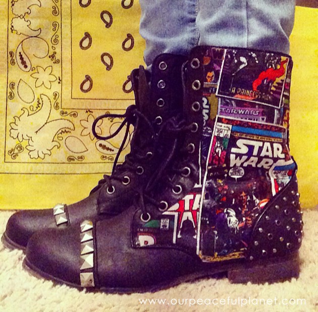 Mod Podge your own set of Star Wars Boots! All you need are two things... the Mod Podge and some Star Wars fabric. 