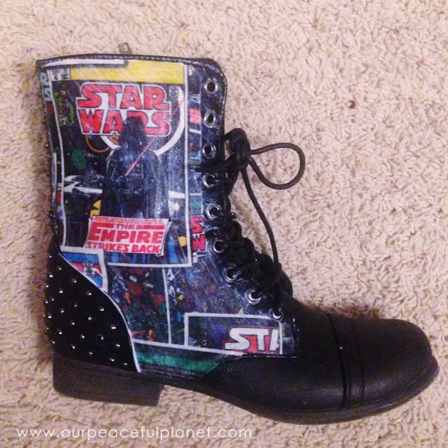 Mod Podge your own set of Star Wars Boots! All you need are two things... the Mod Podge and some Star Wars fabric. 