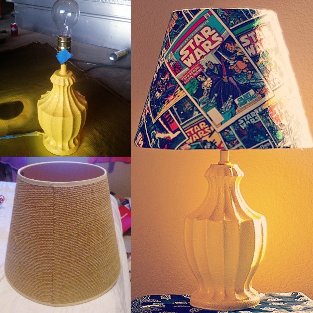 This trendy Star Wars lamp is easy to make and costs very little. All you need is an old lamp, spray paint, Mod Podge and some Star Wars material. 