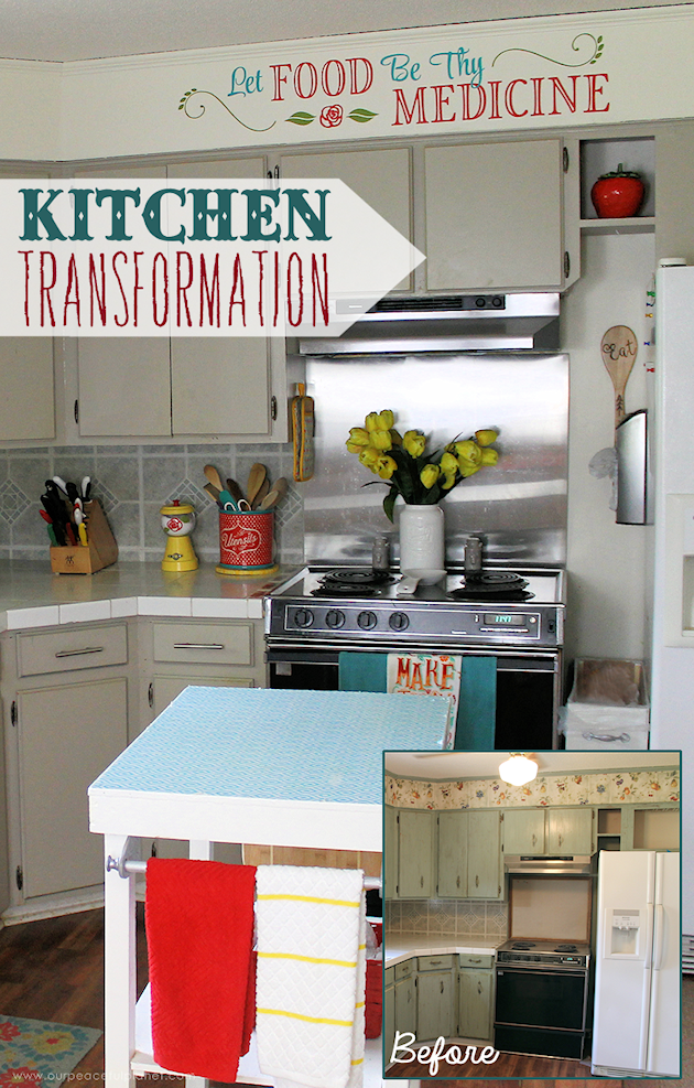 See the final reveal of our outdated kitchen transformation, completed with a minimum of cash. It's now a fun, inspiring place to be. Before & after photos!
