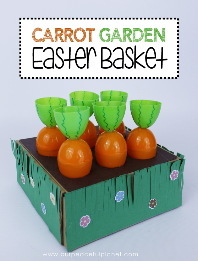 Make this cute carrot garden diy Easter basket using plastic eggs, a box and some construction paper! You can fill the box and the carrot eggs with goodies.