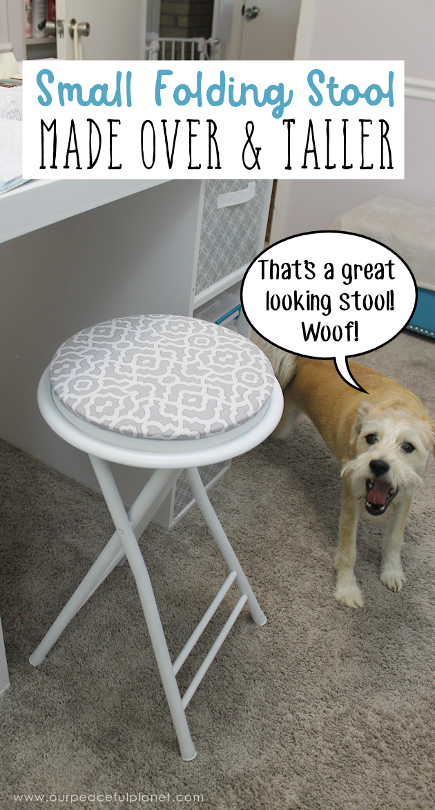 This cheap folding stool from Amazon was for my craft room. It just needed a little love. i.e. paint and material plus a wood circle to make it tad higher. I also added the feature of making the fabric top removable in case I want to change the color at some point.