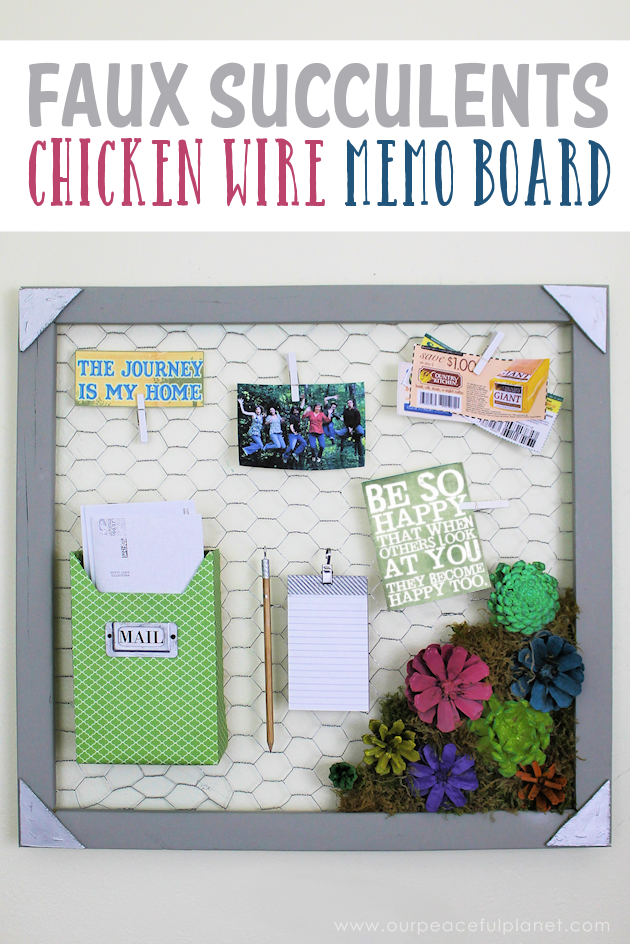 A country chicken wire frame memo board that will brighten up your kitchen with its pretty pinecone succulents. It holds useful items plus photos & quotes!