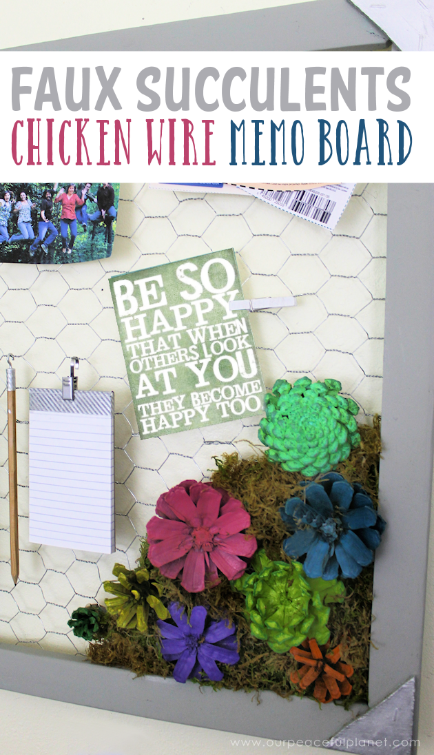 A country chicken wire frame memo board that will brighten up your kitchen with its pretty pinecone succulents. It holds useful items plus photos & quotes!