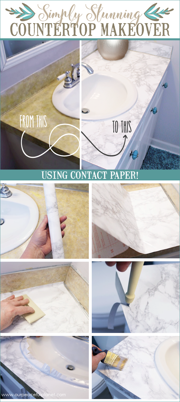 Transform your bathroom for only a few dollars with a contact paper countertop. You'll be amazed at how beautiful it looks & so will your family & guests!
