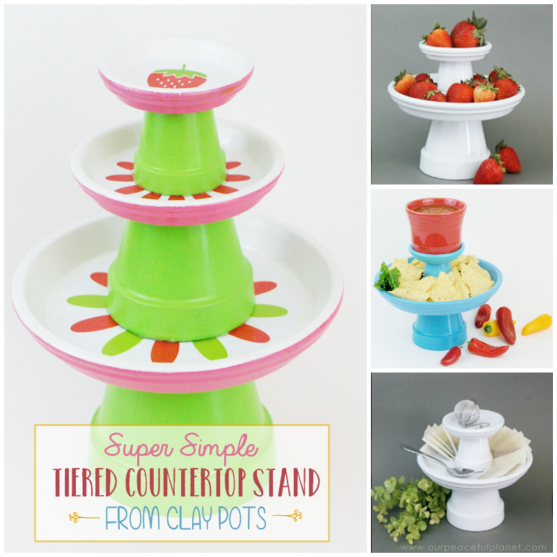 This small DIY cake stand can hold so much more! Fruit, cookies, nuts, candy, tea bags etc. Made from clay pots it’s simple and inexpensive to make.