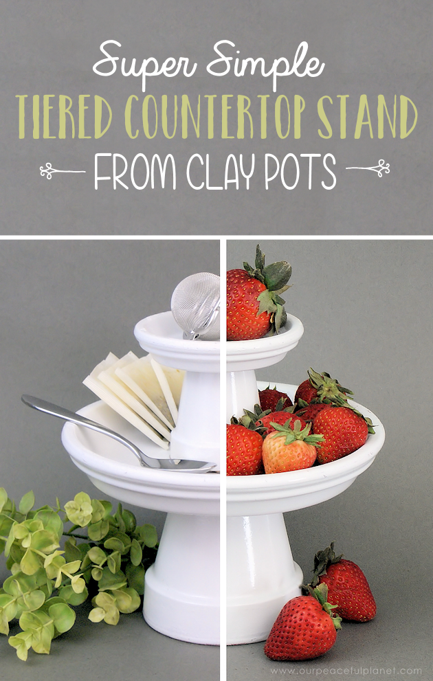 This small DIY cake stand can hold so much more! Fruit, cookies, nuts, candy, tea bags etc. Made from clay pots it’s simple and inexpensive to make. 