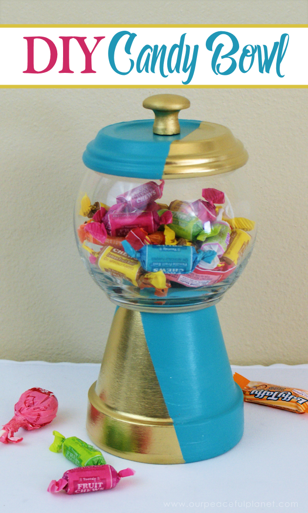 A beautiful gold & teal version of the classic DIY gumball machine, made from a clay pot & a glass bowl. Use it for gum, candy or a variety of other things!