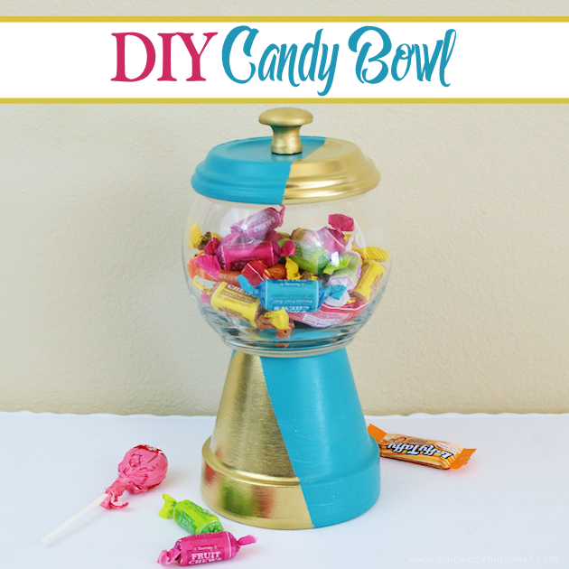 A beautiful gold & teal version of the classic DIY gumball machine, made from a clay pot & a glass bowl. Use it for gum, candy or a variety of other things!
