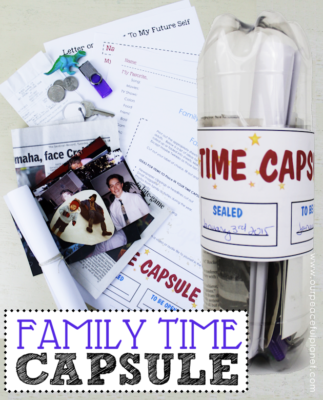 Make a fun family time capsule using plastic soda bottles and our free printables! We'll give you labels and ideas for other items to add into your capsule. 