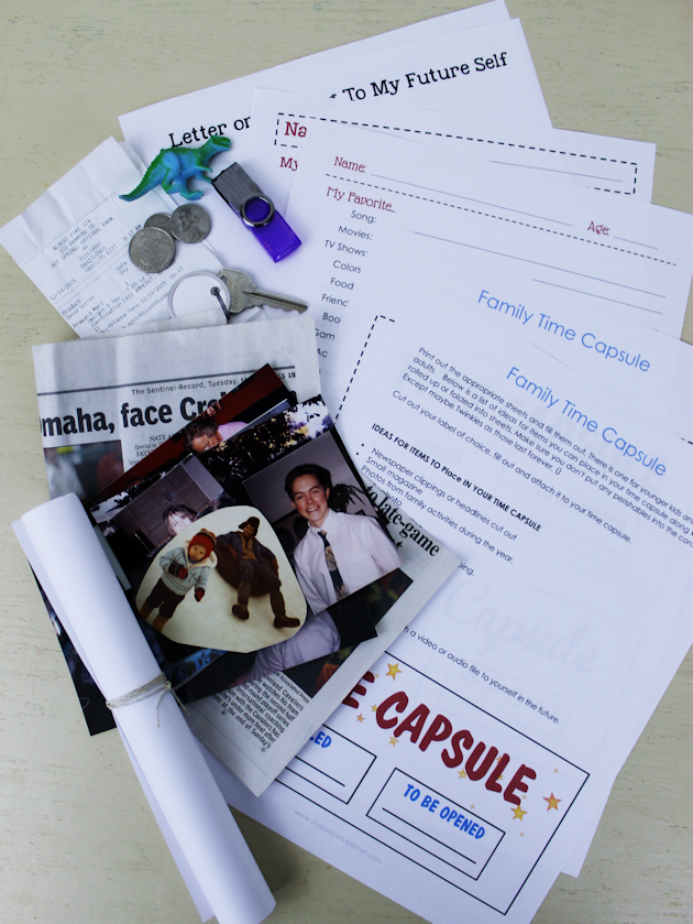 Make a fun family time capsule using plastic soda bottles and our free printables! We'll give you labels and ideas for other items to add into your capsule. 