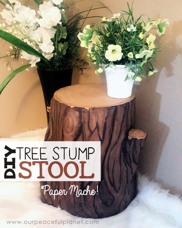 Add some whimsy to your home with this DIY tree stump stool. All you need is a 5 gallon bucket, wood circle, TP tubes, paper mache, foil and paint!