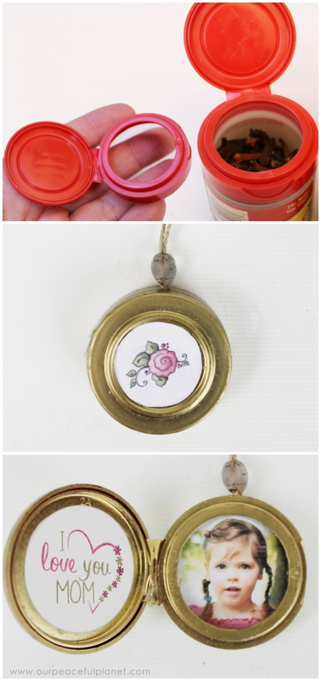 This cute upcycled locket necklace will put a grin on anyone's face and makes a wonderful gift for moms, grandmas or anyone who loves quirky jewelry.