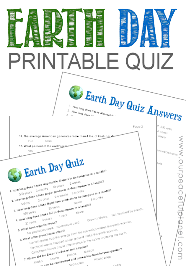 Grab our free printable Earth Day quiz! It's full of interesting and fun facts. The three page pdf has two pages of questions and a page with the answers.