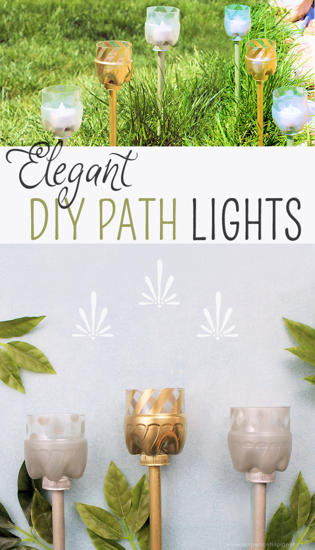 Make your outdoor pathways shine and glimmer with these elegant gold and silver path lights made from soda bottles, dowels and battery operated tea lights.