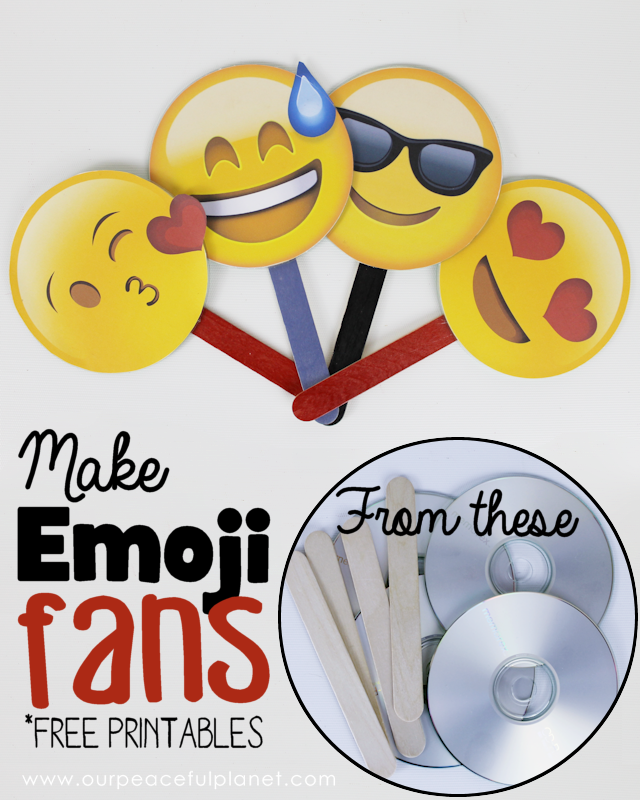 Download and print free emoji fan graphics and create these awesome fans from CDs and tongue depressors! A great way to keep cool for kids and adults alike!