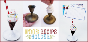 This fun portable recipe holder is made from an old brass candle stick holder and some clay! It's super easy and we've got free matching recipe cards also!