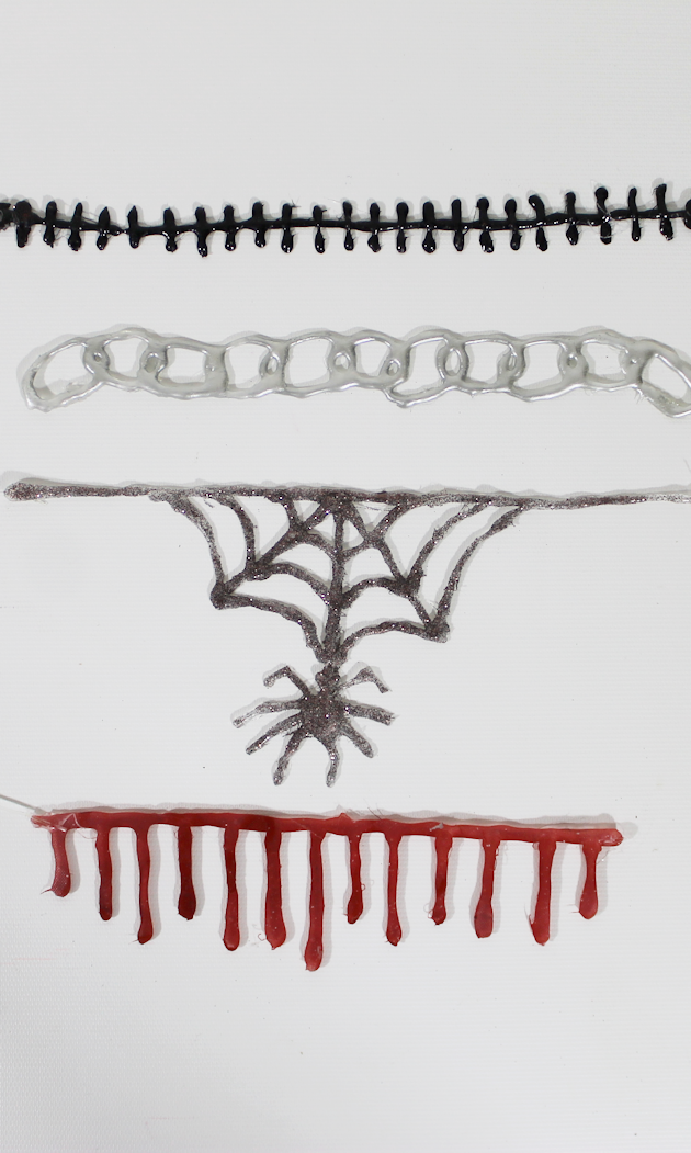 Makes this fun and creepy Gothic jewelry using hot glue! Grab our free printable patterns or come up with your own. Great for kids, adults and Halloween!