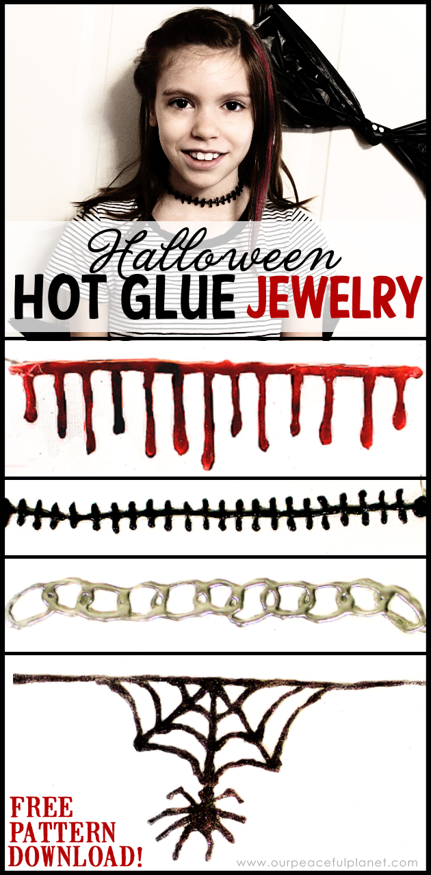 Makes this fun and creepy Gothic jewelry using hot glue! Grab our free printable patterns or come up with your own. Great for kids, adults and Halloween!