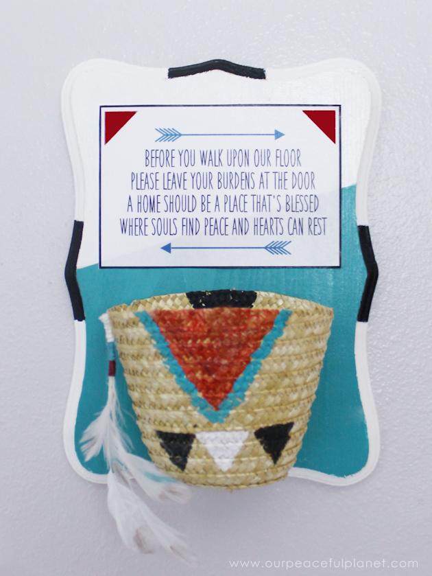 Remind family and visitors to keep negative thoughts outside your home with this beautiful poem and tribal burden basket that you hang on your front porch.