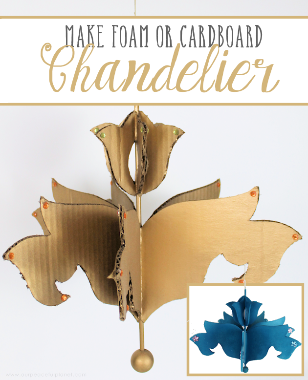 Foam Board or Cardboard Chandelier (Free Pattern) HOW TO: http://bit.ly/cardboardchandelier #chandelier #cardboardchandelier #diydecor #decor #ceilingdecor #kidsdecor #cardboardcrafts #foamboard