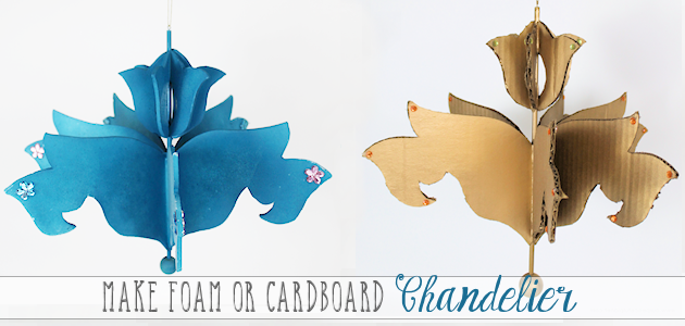 Add a little whimsy to any room with a cardboard chandelier! Grab our free pattern, some cardboard , a hot glue gun and paint. Add any bling you like!