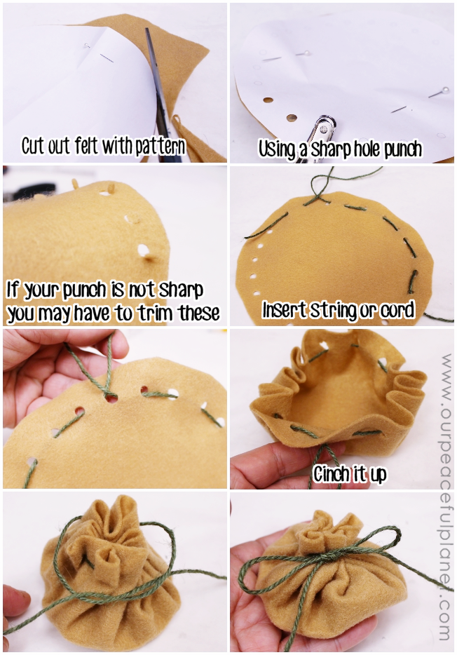 This simple little no sew drawstring pouches are great for holding tiny treasures! All you need is felt and string and some charms or beads if desired!