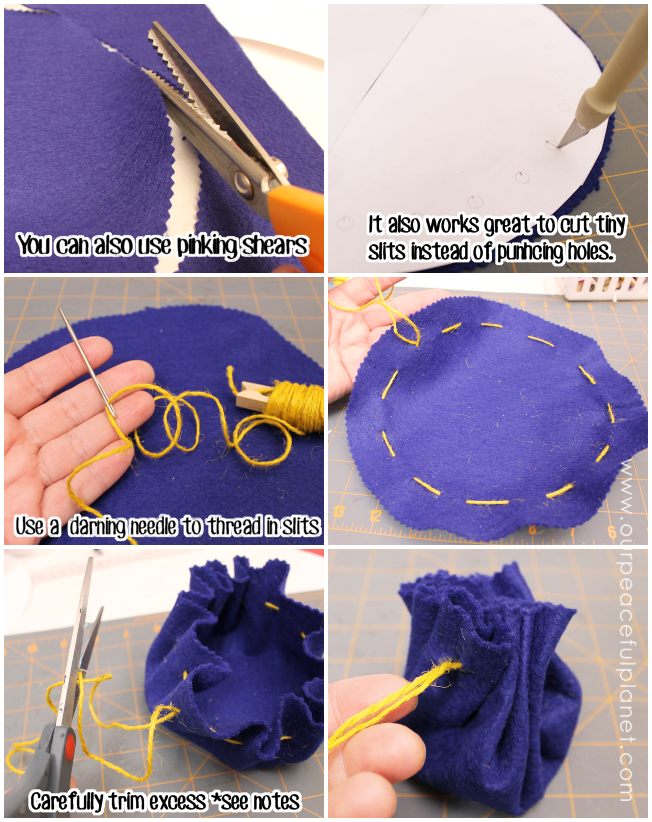 This simple little no sew drawstring pouches are great for holding tiny treasures! All you need is felt and string and some charms or beads if desired!