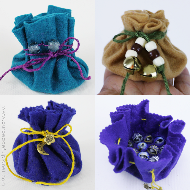 This simple little no sew drawstring pouches are great for holding tiny treasures! All you need is felt and string and some charms or beads if desired!