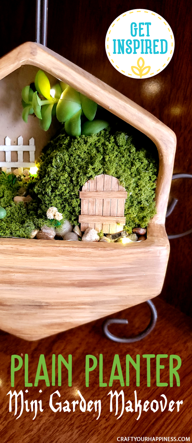 Get Inspired and check out this small hanging planter we turned into a whimsical fairy garden!