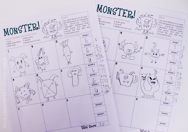 Monster! is a fun Halloween game you can quickly make using our free printables, a wood block and some wiggle eyes. Entertaining for adults and children!