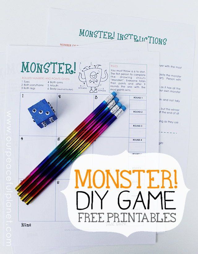 Monster! is a fun Halloween game you can quickly make using our free printables, a wood block and some wiggle eyes. Entertaining for adults and children!