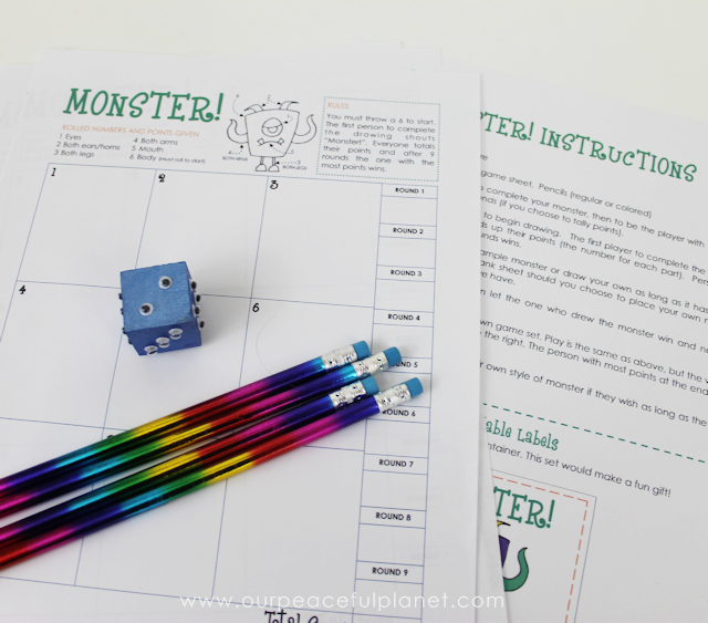 Monster! is a fun Halloween game you can quickly make using our free printables, a wood block and some wiggle eyes. Entertaining for adults and children!