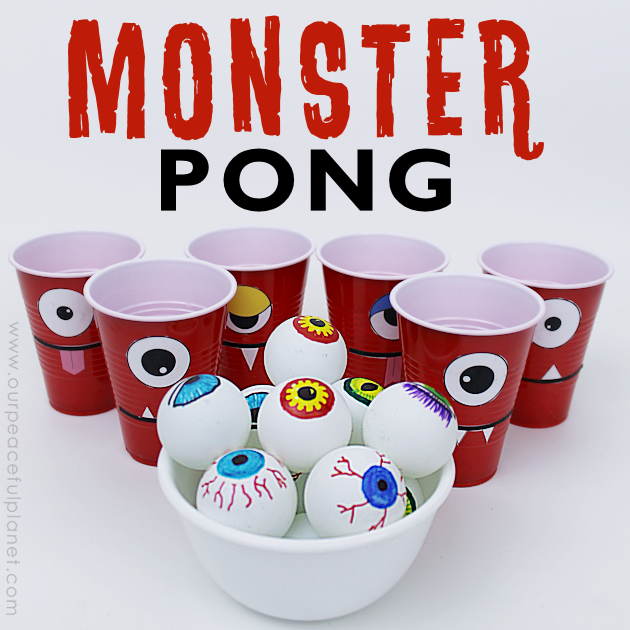 Make a creepy fun monster eye pong party game with plastic cups & ping pong balls. (Beer pong was never this awesome.) Kids & adults alike will love it!