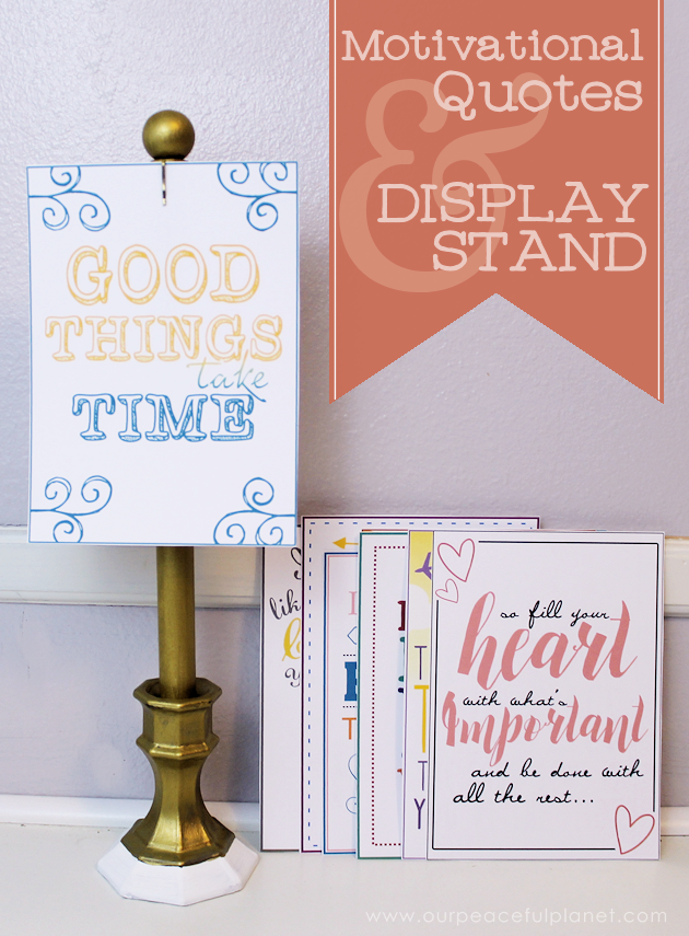 This classy display clip stand is made from a candle holder, dowel and bobby pin and it can not only display he free printable motivational quotes below but photos and more!