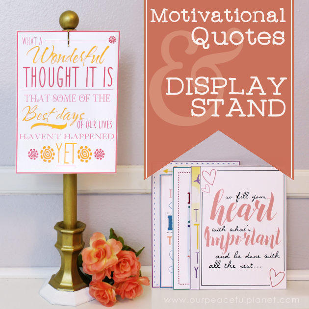 This classy display clip stand is made from a candle holder, dowel and bobby pin and it can not only display he free printable motivational quotes below but photos and more!